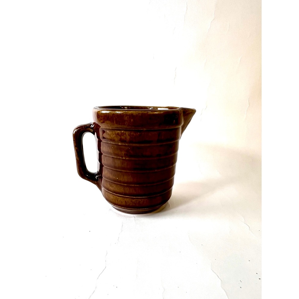 Vintage USA Brown Stoneware Ribbed Beehive Pitcher Creamer Ceramic Farmhouse